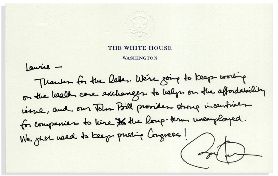 Barack Obama Autograph Letter Signed as President, on White House Letterhead -- ''...We're going to keep working on the health care exchanges...keep pushing Congress!...''